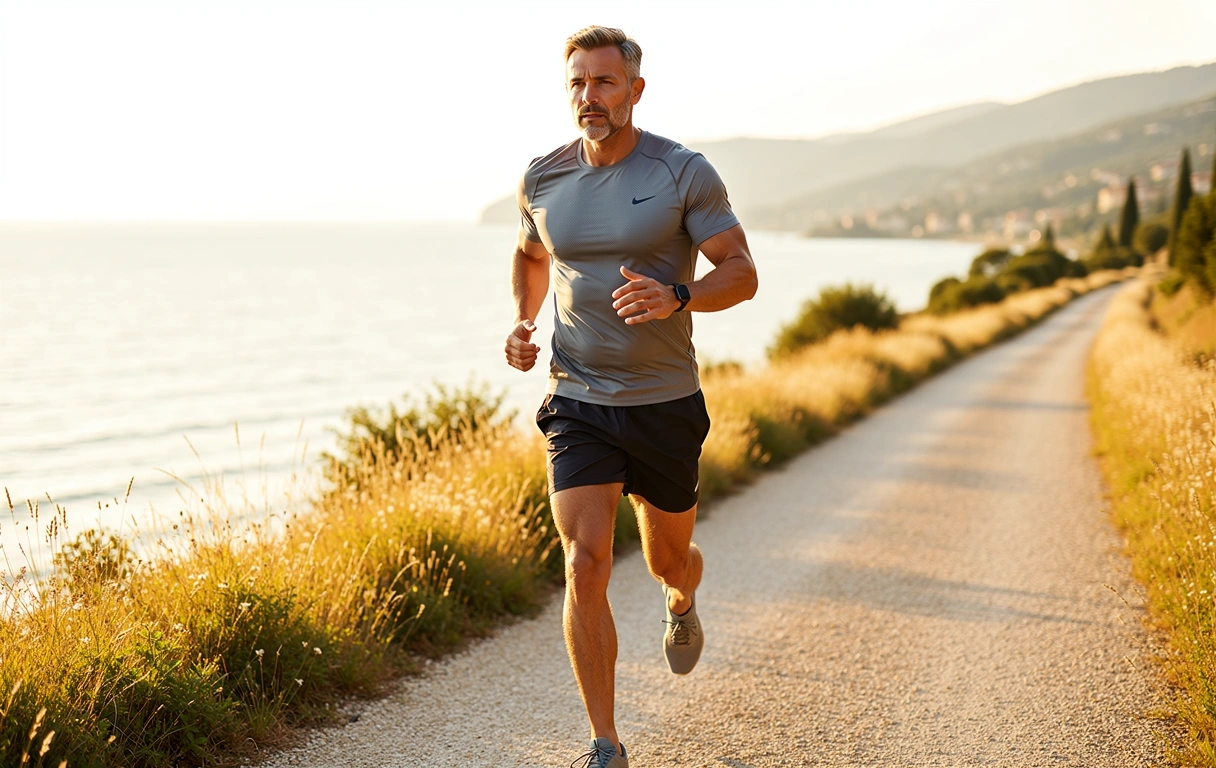 Active man jogging on a coastal path at sunset